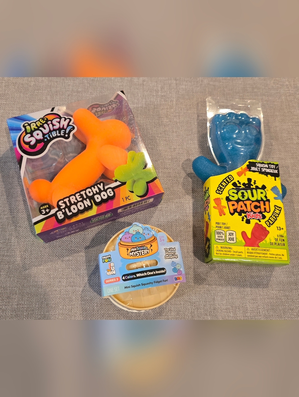 Bundle Of 1 Mini Dumpling, 1 Sour Patch And 1 Squishy Dog